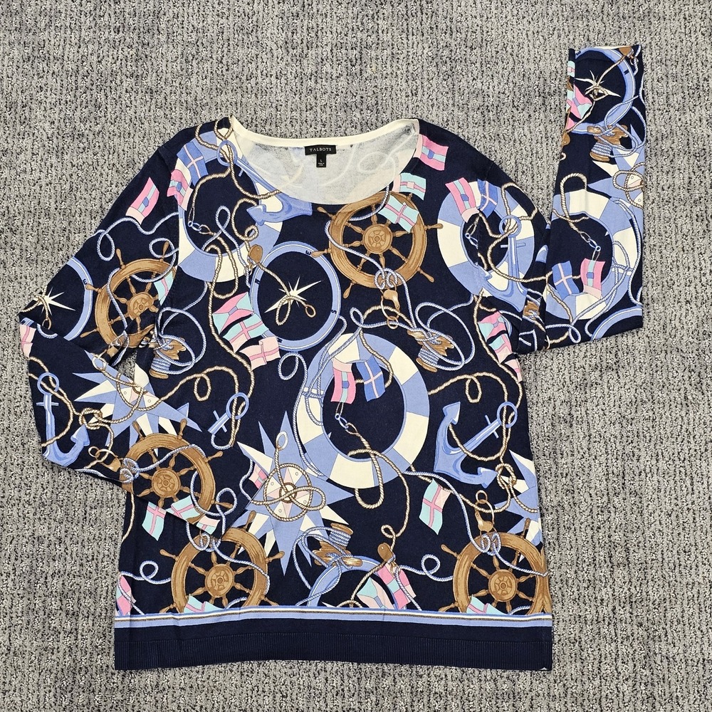 Talbots Pullover Sweater Sailor Nautical Graphic Size Large Lightweight Knit Top